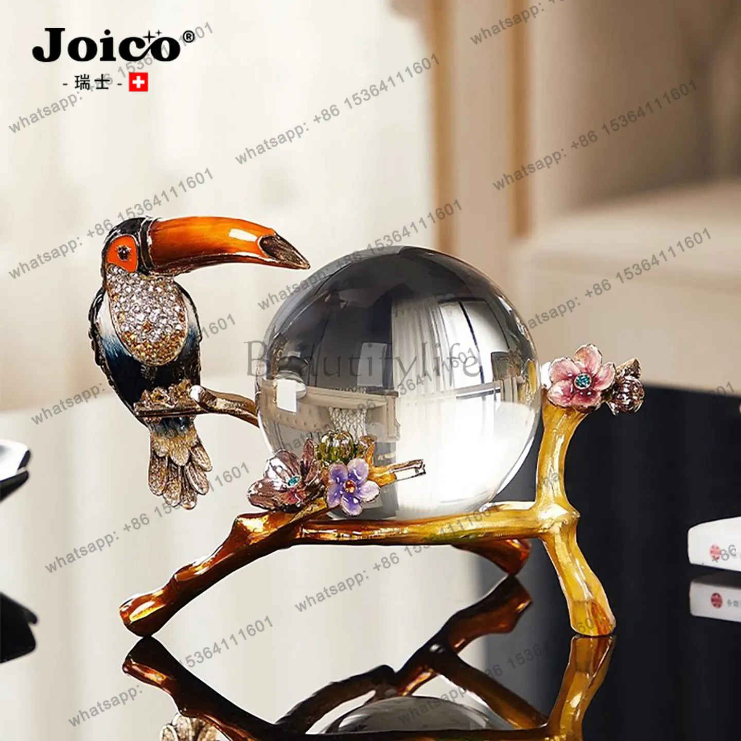 Ornament light luxury high-end enamel colored parrot crystal ball living room TV cabinet office decoration