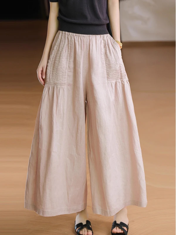 

Summer Artistic Loose Simple Pocket Tuck Fold Women's Linen a Version Wide Leg Pants Cotton Linen Nine Points Skirt