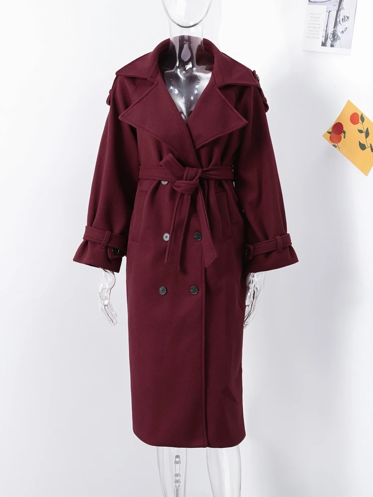 

Elegant Women's Burgundy Woolen Overcoat With Belt Lapel Double Breasted Full Sleeve Long Coat 2025 Autumn Winter Lady Outwear