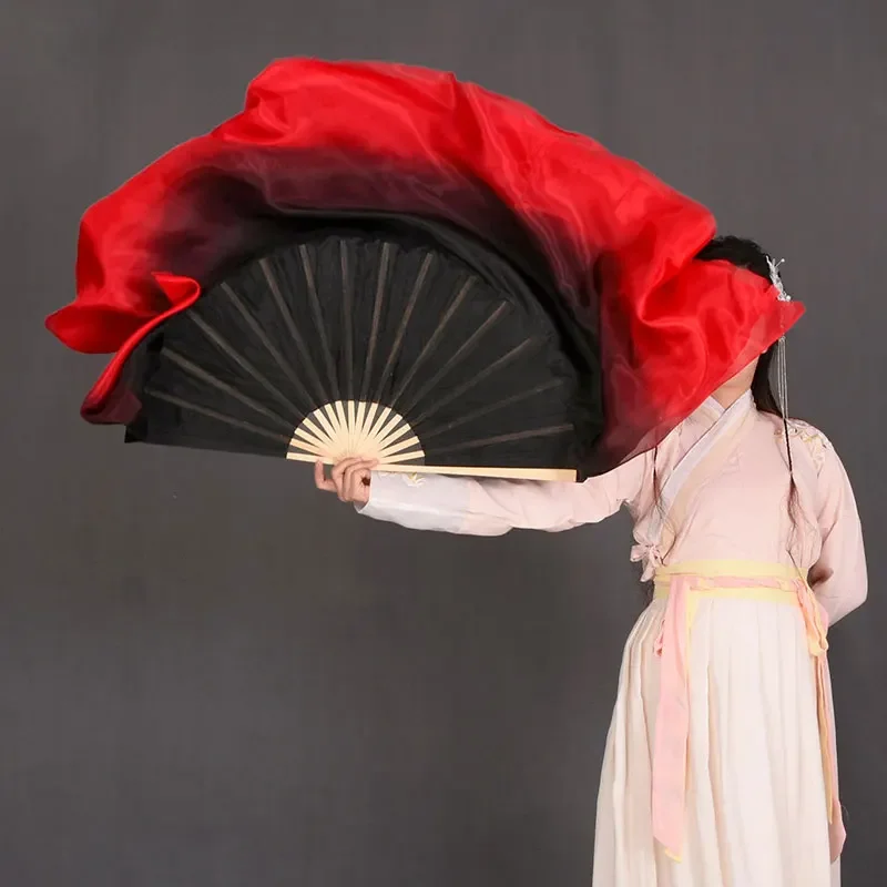 Venta al por mayor abanico de doble cara dos capas danza folclórica china abanico de danza del vientre velo medio círculo abanico plegable de bambú