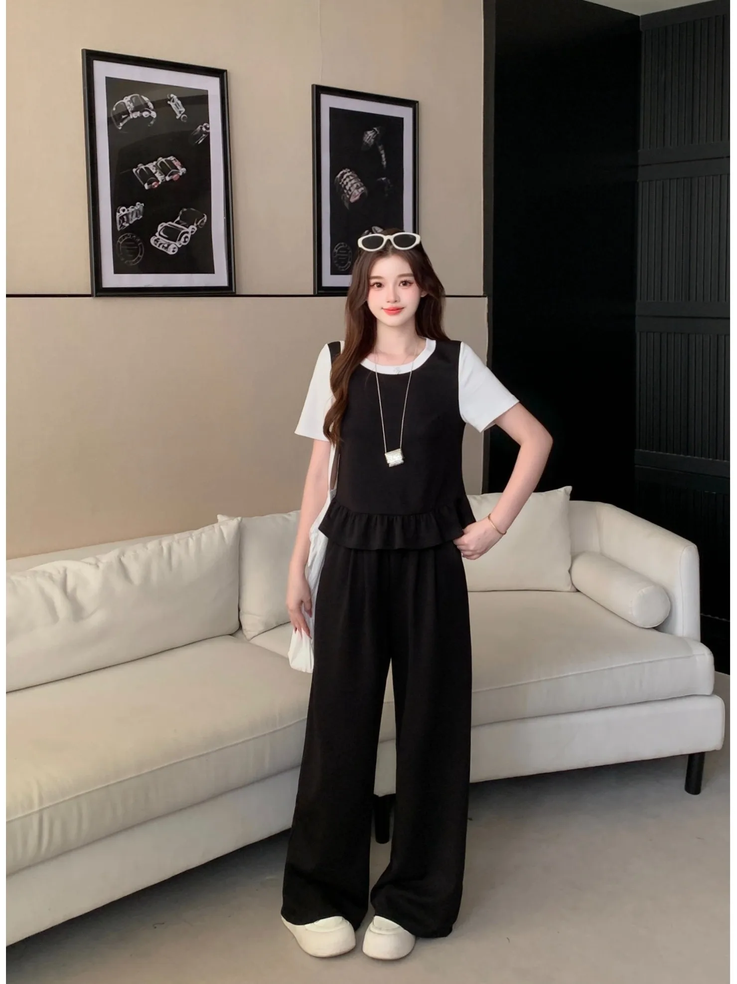 

plus Size Casual Summer Outfit with Bell Sleeve High Waist Wide Leg Pants And Short Sleeve Top for Slimming Effect