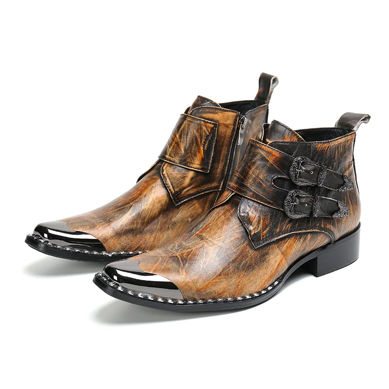 Autumn Winter Shoes Men Genuine Leather Retro Color Man Ankle Boots Double Buckle Dress Party Cowboy Boots Metal Botas Hombre