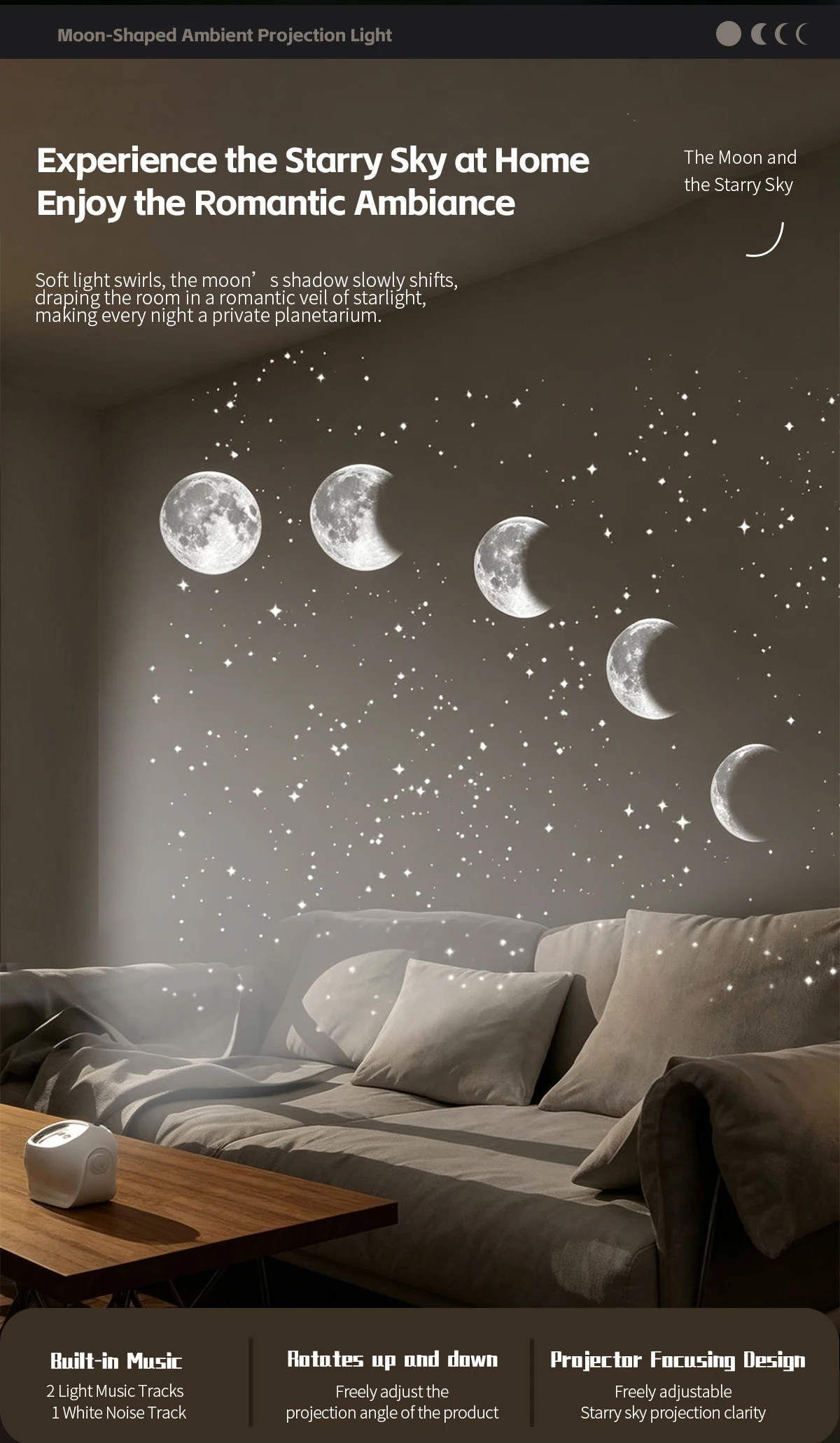 Starry Star Eclipse Projection Night Light With Music HD Focus White Noise Atmosphere Night Light For Bedroom Decor Kids Gift