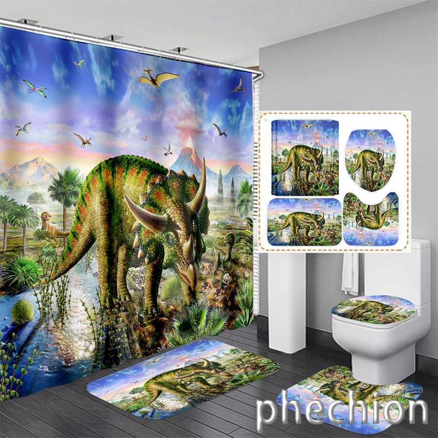 New 3D Print  Dinosaur Shower Curtain Waterproof Bathroom Curtain Anti-slip Bath Mat Set Toilet Rugs Carpet VR38