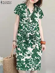 ZANZEA Summer Floral Printed Dress Women Bohemian Sundress Elegant Short Sleeve V-Neck Vestidos Vintage Causal Holiday Robe