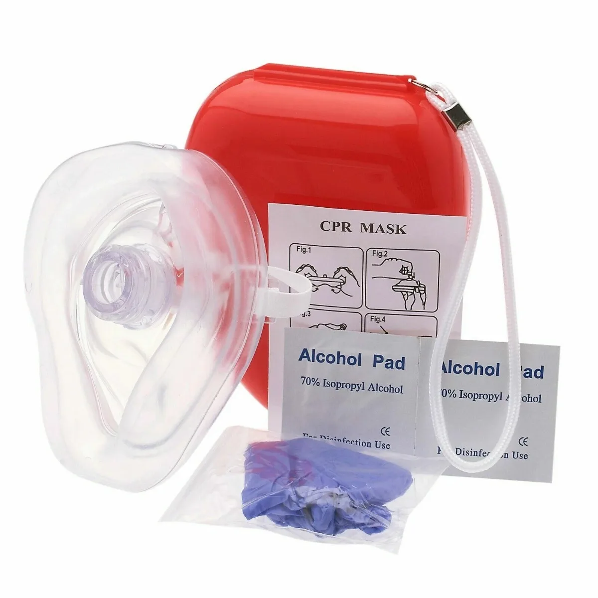 Kit Masker CPR Profesional untuk Dewasa dan Bayi dengan 2 Katup, Sarung Tangan Vinyl, Bantalan Alkohol, Resusitator, Kotak Keras, Tali Pergelangan Tangan