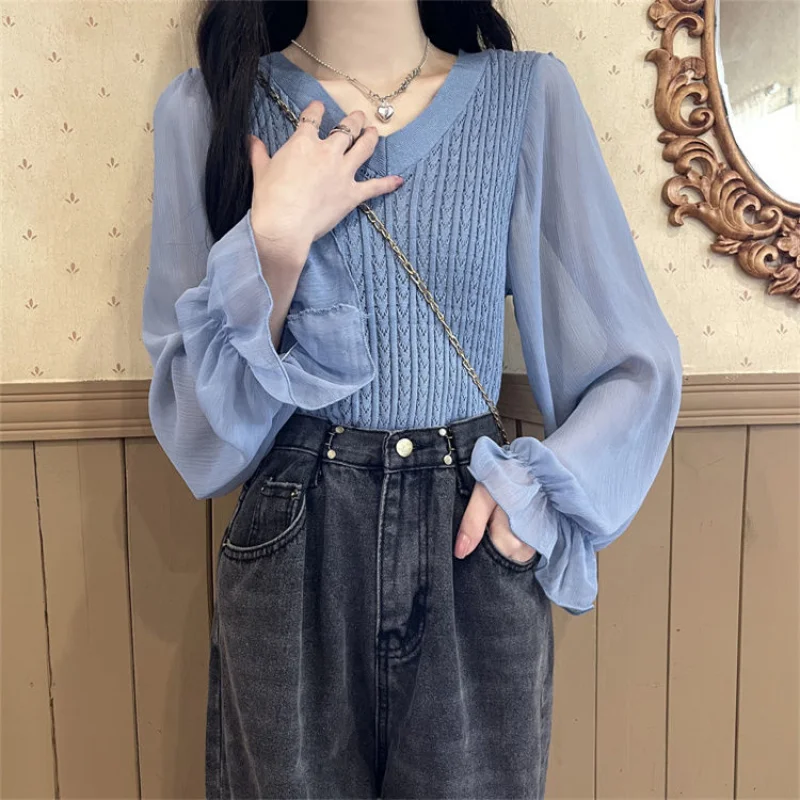 Women Knit Tops patchwork chiffon flared sleeve pullover long sleeved slim fit and slim knit bottom V-neck Korean Style