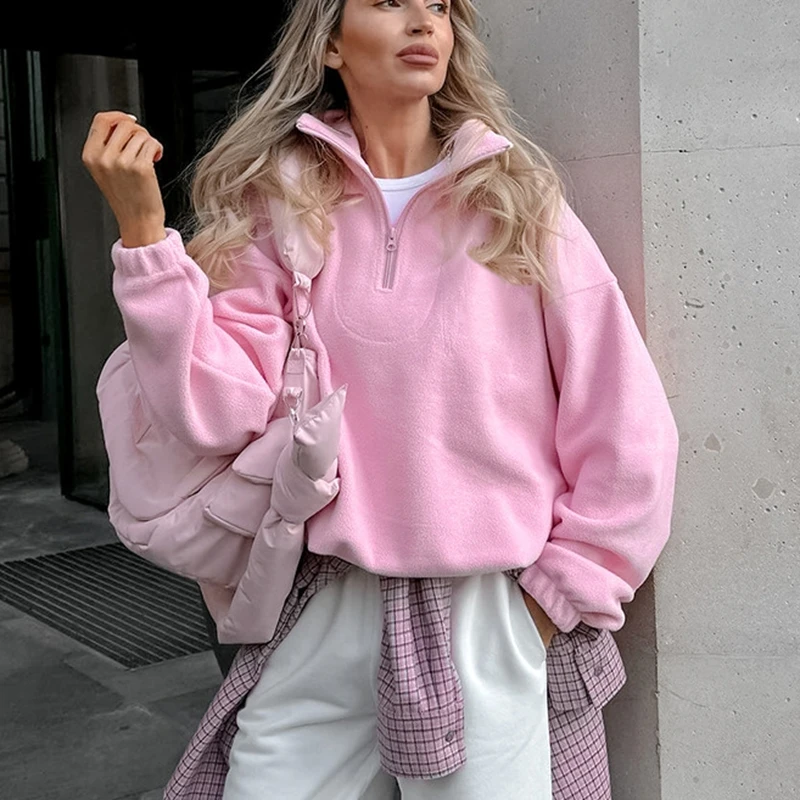 Polar Fleece Pink Zipper Pullover Tops Women's Streetwear Long Sleeves Sweatshirts Autumn Winter 2025 Fashion Ladies