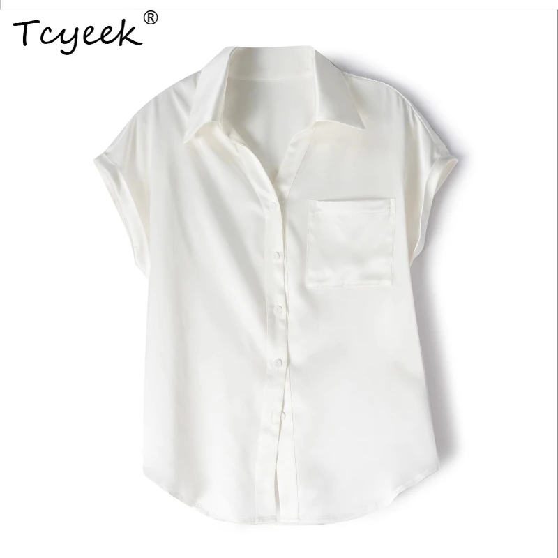 

Tcyeek 100% Real Mulberry Silk Summer Thin Short Sleeve Polo Collar Loose Solid Color Women's Shirts Женская Одежда חולצותנשים
