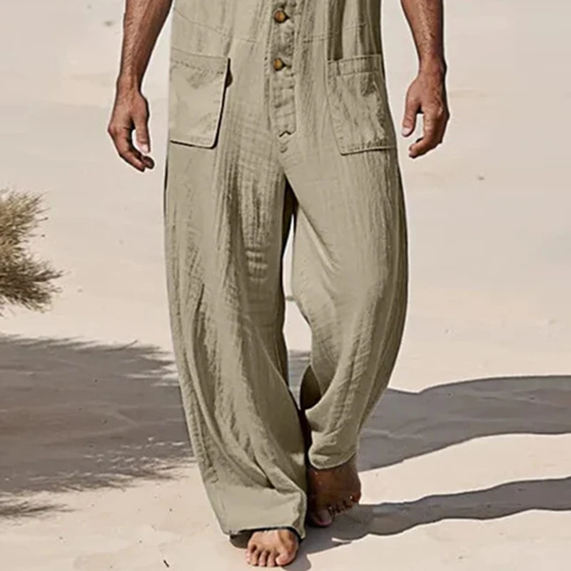 Retro Button-up Hooded Romper Mens Casual Loose Straight Pant Overalls Men Jumpsuits Spring Summer Vintage Solid Color Jumpsuits