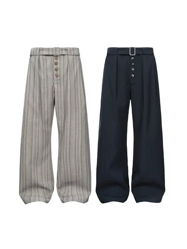 

American Retro Men's Loose Wide Leg West Pants Dark Stripe Casual Long Trousers Spring Autumn Fashionable Cleanfit Polyester