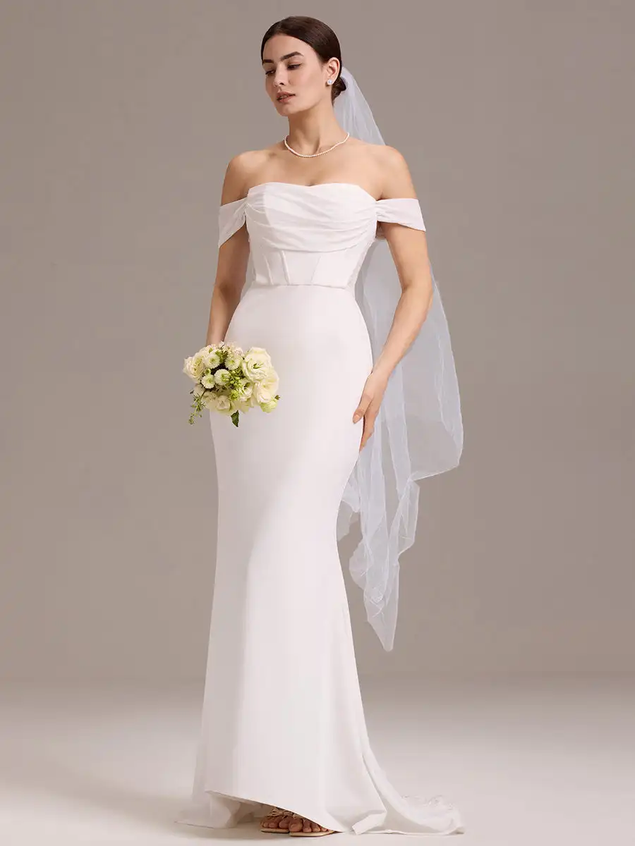 

BAZIIINGAAA Off Shoulder A Line Short Sleeves Floor-Length Wedding Dress with See-through Detail
