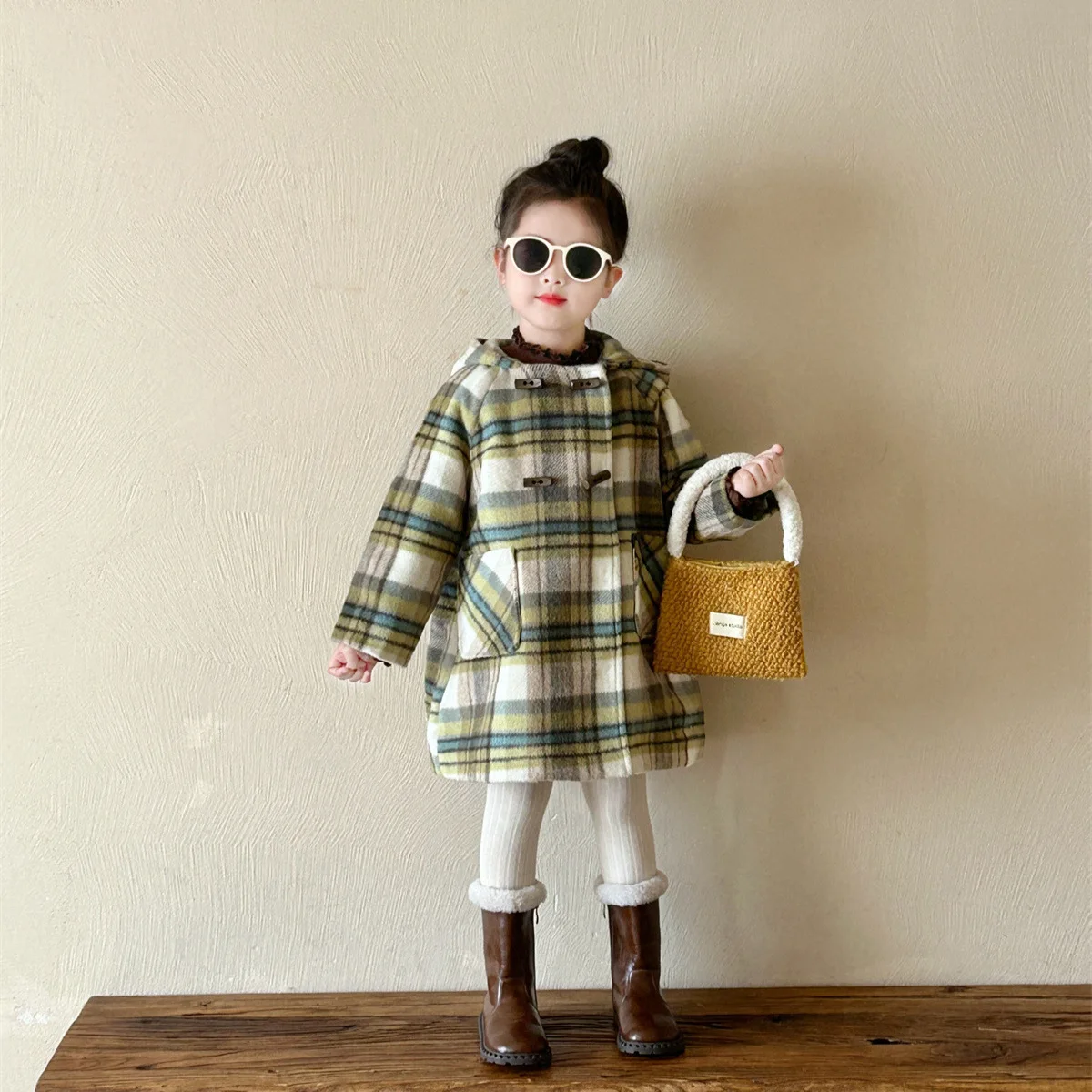 Girls Coat 2024 Winter New Childrens Clothes Korean Style Girl Baby Hooded Long Plaid Cotton Wool Coat Casual Disposition