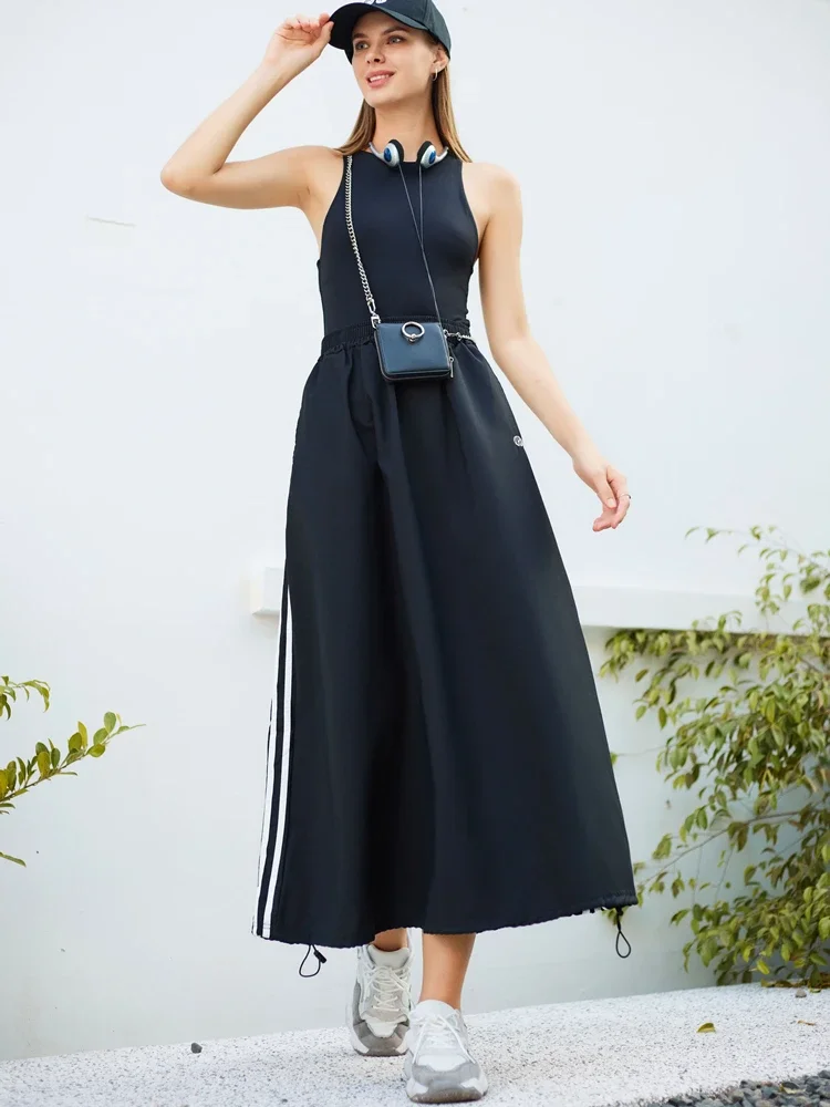 

New Vintage Long Skirt Women Y2K Side Striped Black Parachute Cargo Skirts Casual Loose Drawstring Aesthetics Designer Bottoms