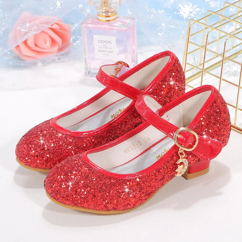 2024 New Spring Autumn Kids High Heel Glitter Hook Loop Girls Princess Leather Shoes Students Performing Dance Shoes Size 25-38