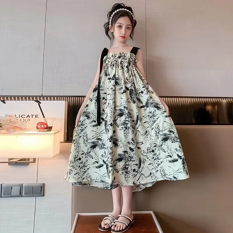 2026 summer Girls backless Floral braces long Dresses off shoulder teenager Princess silky slip dress Kids Clothes 6 8 12 years