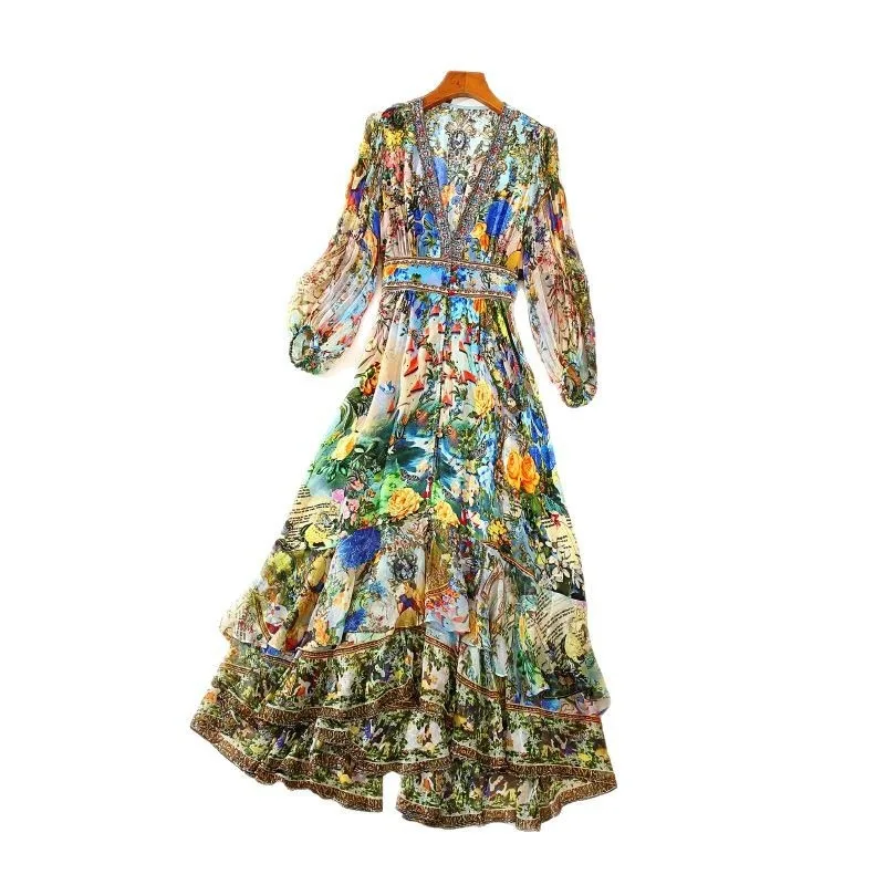 Silk dress, light luxury and high-end, retro temperament fairy flower dress
