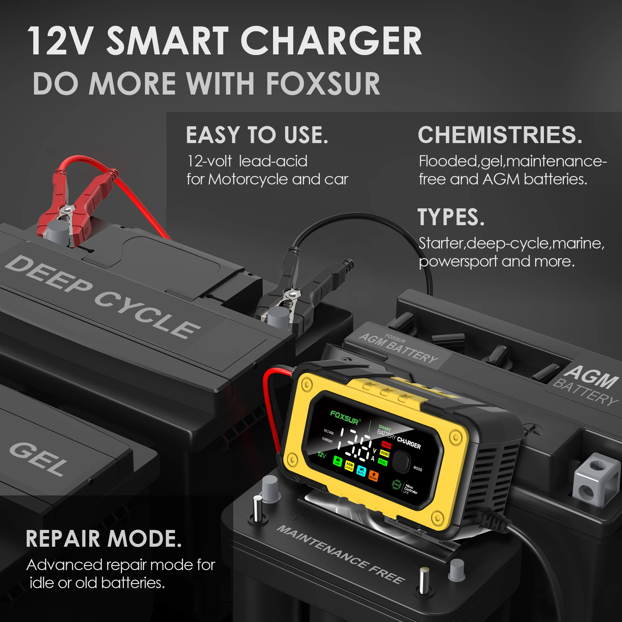 FOXSUR Smart Car Battery Charger for 12V 7A AGM GEL LiFePO4 Batteries Desulfator Motocycle Fast Charging Maintainer with Repair