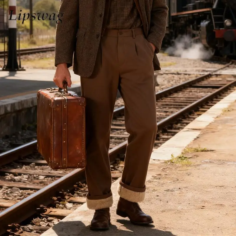 

Уличные повседневные мужские теплые брюки на флисовой подкладке, осень-зима, модные однотонные брюки для мужчин, уличная одежда, винтажные флисовые брюки