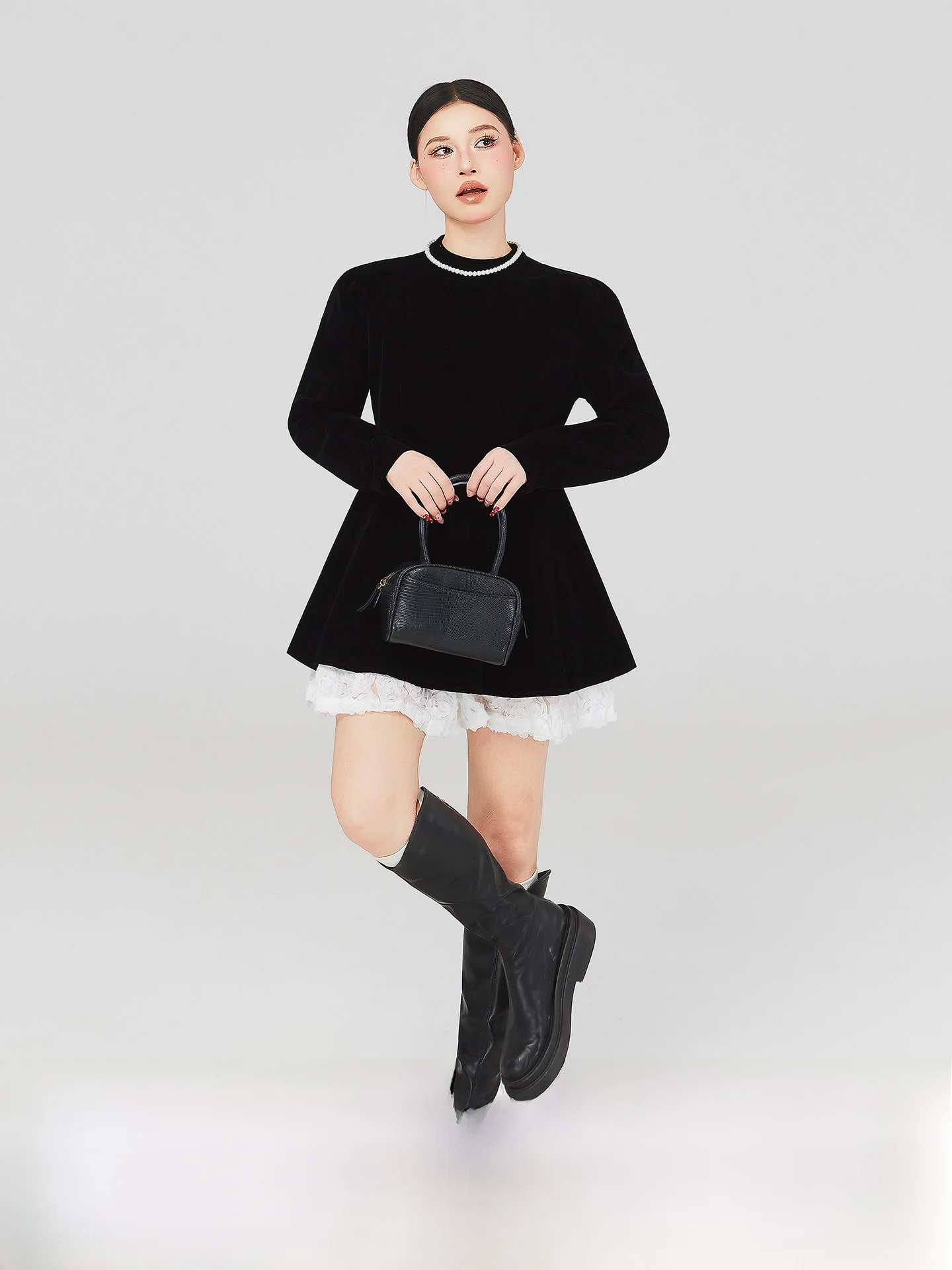 

Spring Early Beautiful Large Size Velvet Dr Bla Waist Cinching Belly Covering A-Line Hepburn Sle Ci Commute Date Casual