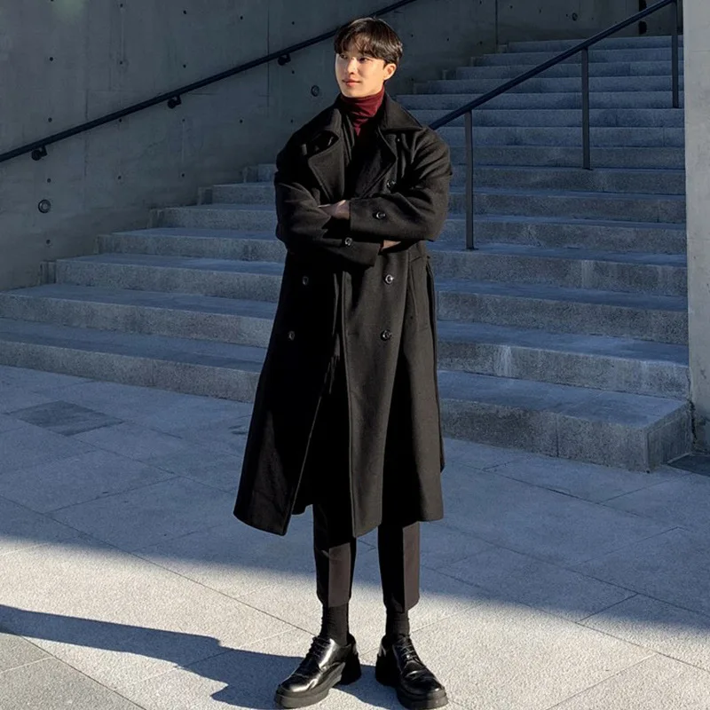 

Wool Blend Long Belted Coat Faux Fur Collar Mans WoolCoat Sheepskin Lambswool Merino Cashmere Angora Mohair Alpaca Vicuna Camel