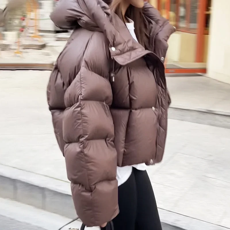 HELIAR Autumn Women Mock Neck Hooded Jacket Casual Winter Thicken Warm Solid Cotton-padded Jacket Women Loose Cotton Coat 2024