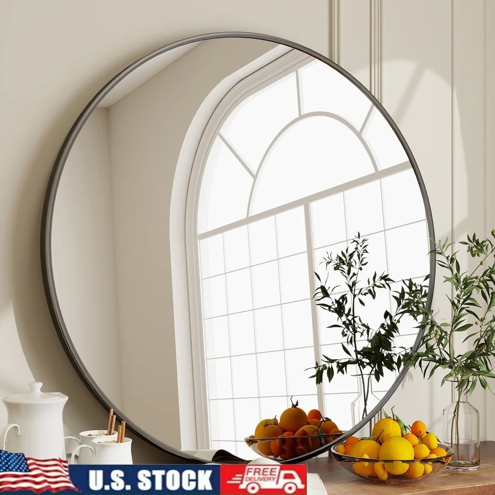 

36 Inch Round Wall Mirror Bathroom Mirror Wall Mounted Shatterproof Mirror HD Reflection Easy Install Aluminum Alloy Black