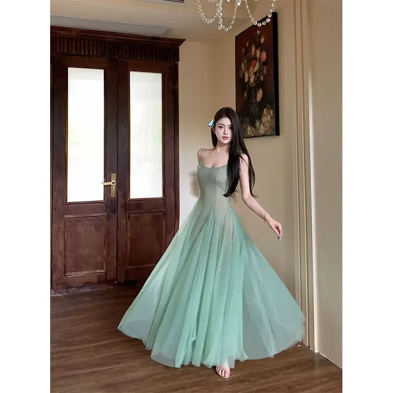 Nice สีทึบอารมณ์ Elegant A-Line กระโปรงฤดูร้อน Slim Camis เสื้อผ้าผู้หญิงเซ็กซี่ใหม่เส้นด้ายสุทธิ Dre