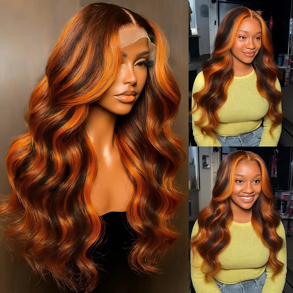 الجسم موجة 13x4 الدانتيل الباروكة الأمامية 100% خصلات الشعر المستعار الإنسان الزنجبيل البرتقالي حريري 5x5 الدانتيل إغلاق شعر مستعار تسليط الضوء على اللون P4-350 قبل قطعها