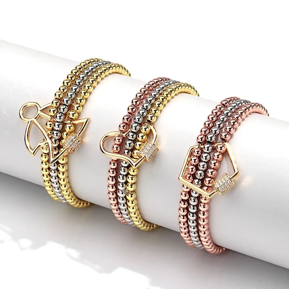 

Gold Silver Color Round Beaded Stackable Elastic Bracalet for Women Trendy Brass CZ Heart Geometric Charms Bangle Jewelry Gift