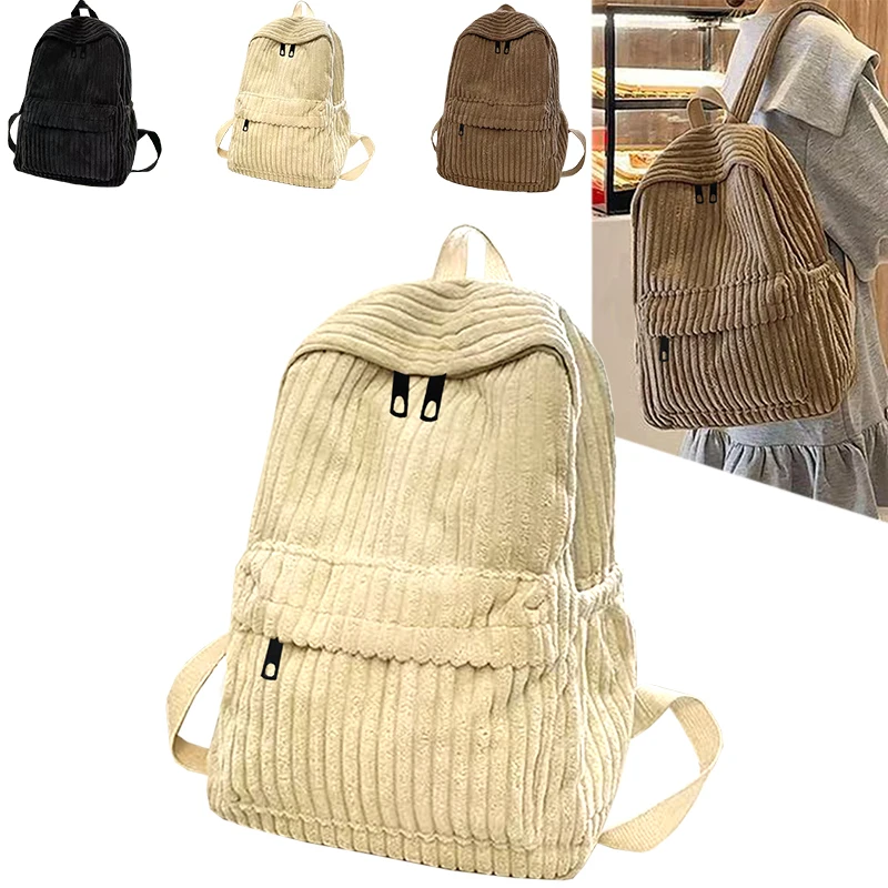 Sac à dos scolaire vintage confortable en velours côtelé, tissu épais et doux, sac à dos simple et polyvalent pour le campus, les week-ends et les promenades en plein air