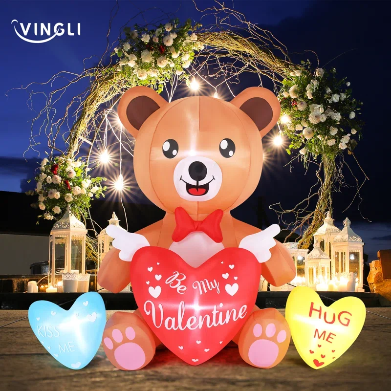 Valentines Inflatable Yard Decoration 4FT Bear with Love Sweet Heart Romantic Cute Outdoor Toys Blow up Wedding Day Decorations