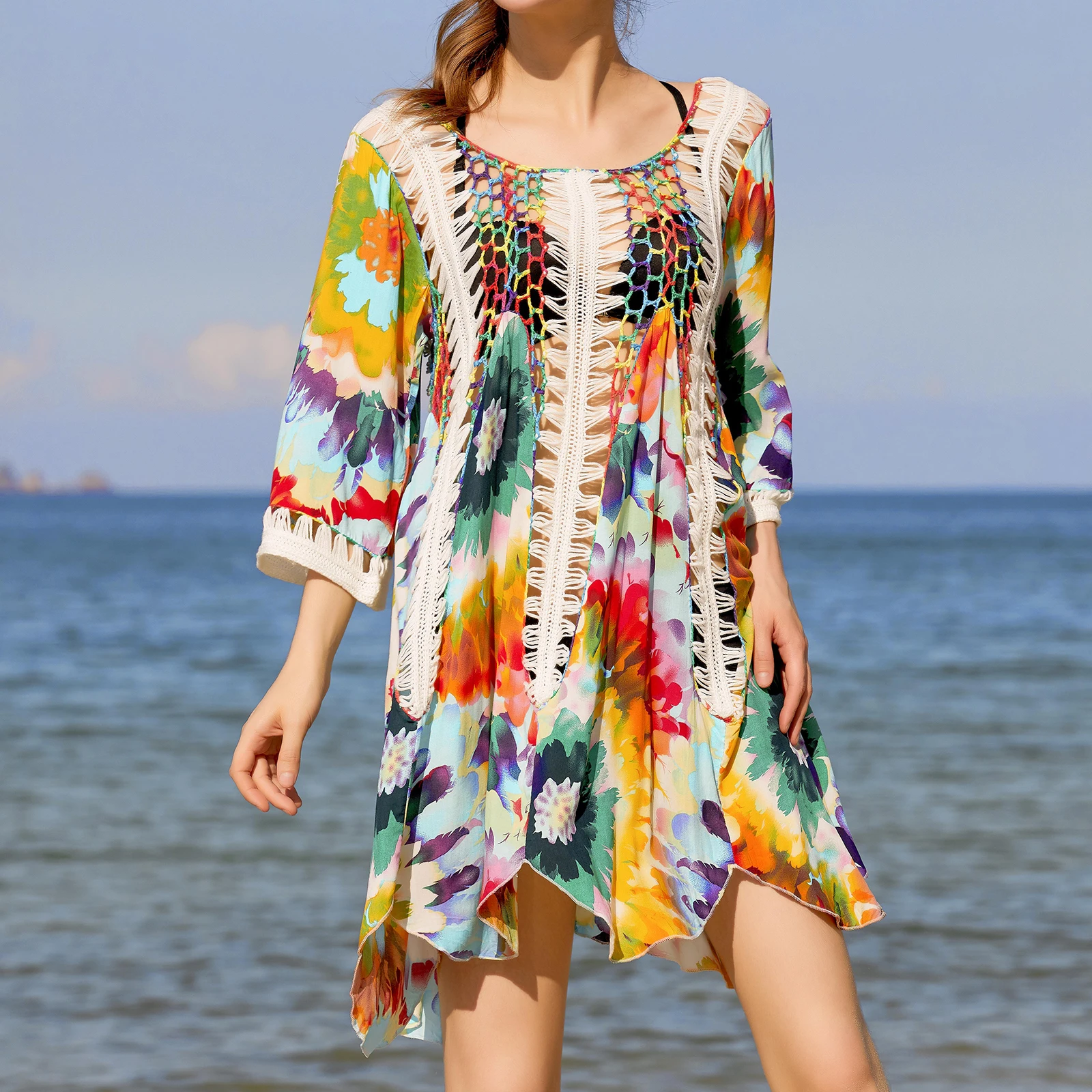 Women Beach Cover Up Colorful Print Hollow-Out Summer Swimsuit Coverup Crochet Bathing Suit Cover Ups Dresses