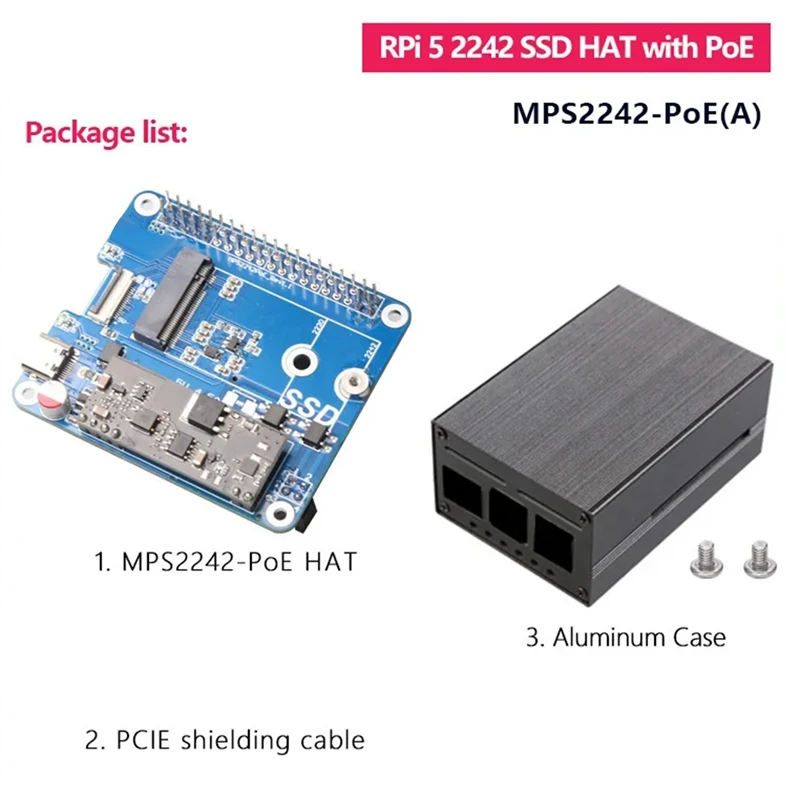 MPS2242-POE A + funda para Raspberry Pi 5 PCIE a NVME SSD 2242 HAT con alimentación POE 5V 4.5A