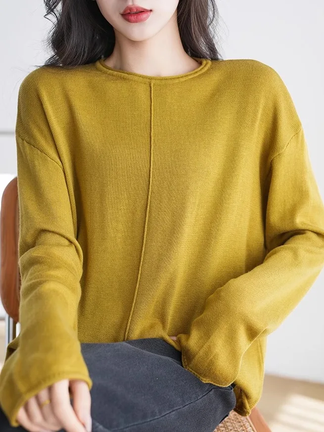 

Autumn Winter New Style Women's Loose Long Sleeve round Neck Knitted Sweater Pure Cotton Soft Comfortable Yellow Top
