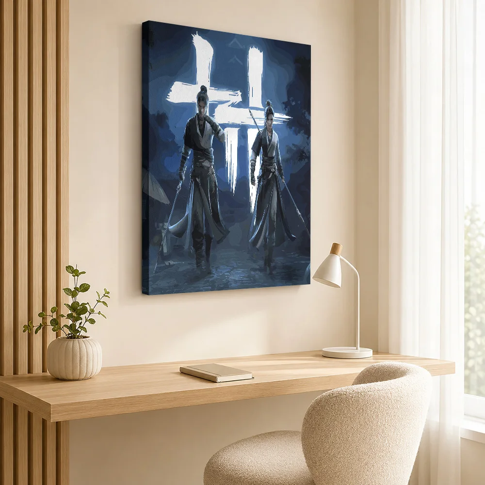 Martial Arts Duo In Blue Canvas Painting Poster Custom Photo Japanese Ink Wall Art for Home Gym Dojo Decor Gift for Collectors