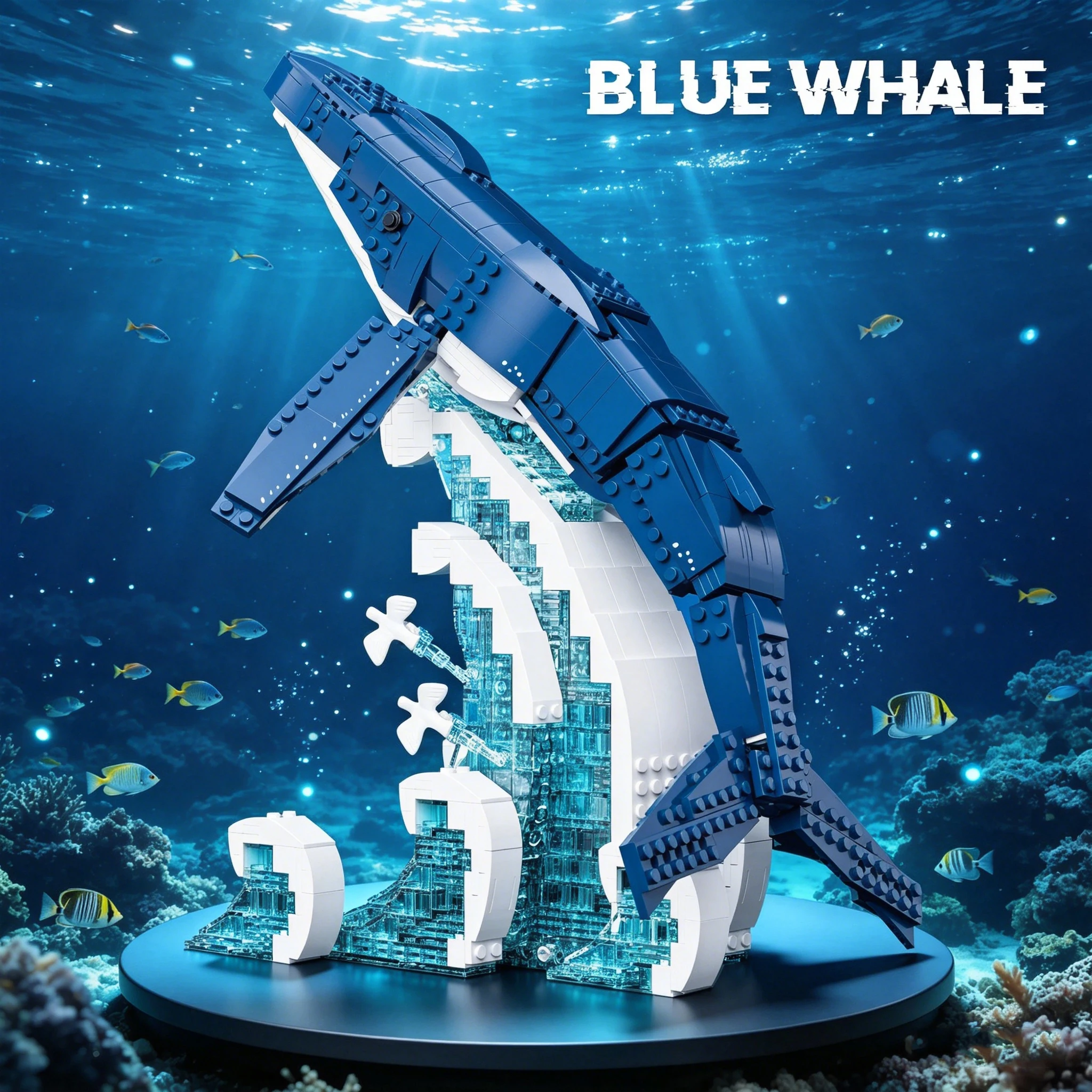 1163PCS Blue Whale Ocean Scene Building Blocks Articulated Wave Base Whale Animal Model Desktop Ornament Educational DIY Toy