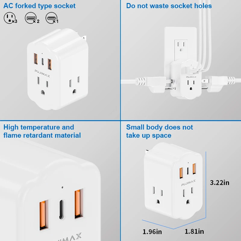 PUJIMAX Universal Plug Power Strip With 3 Outlets 3 USB Charge Multiple Wall Socket Adapter Expands For Cruise Ship Home Office