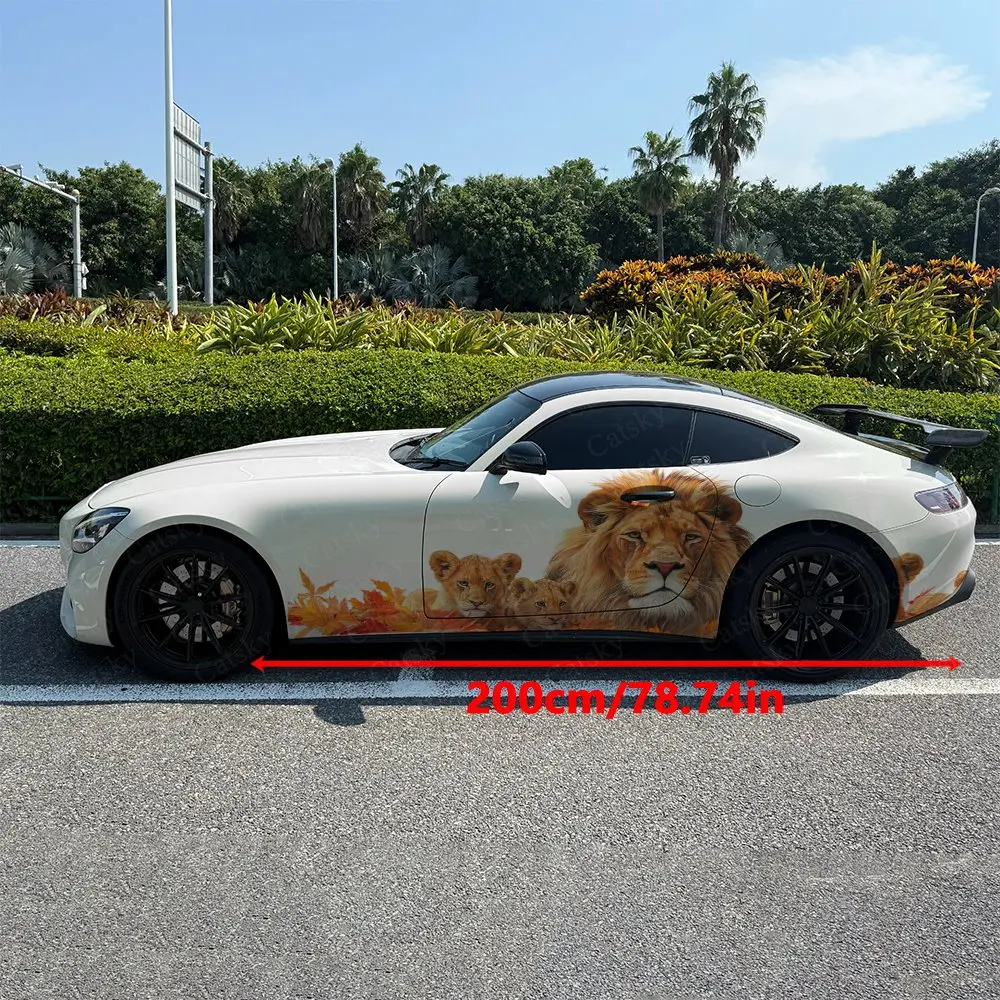 2pcs Lion Protecting Cubs with Maple Car Side Wrap, Self-Adhesive PVC Waterproof & Scratch-Resistant Sticker, Car Accessory Gift