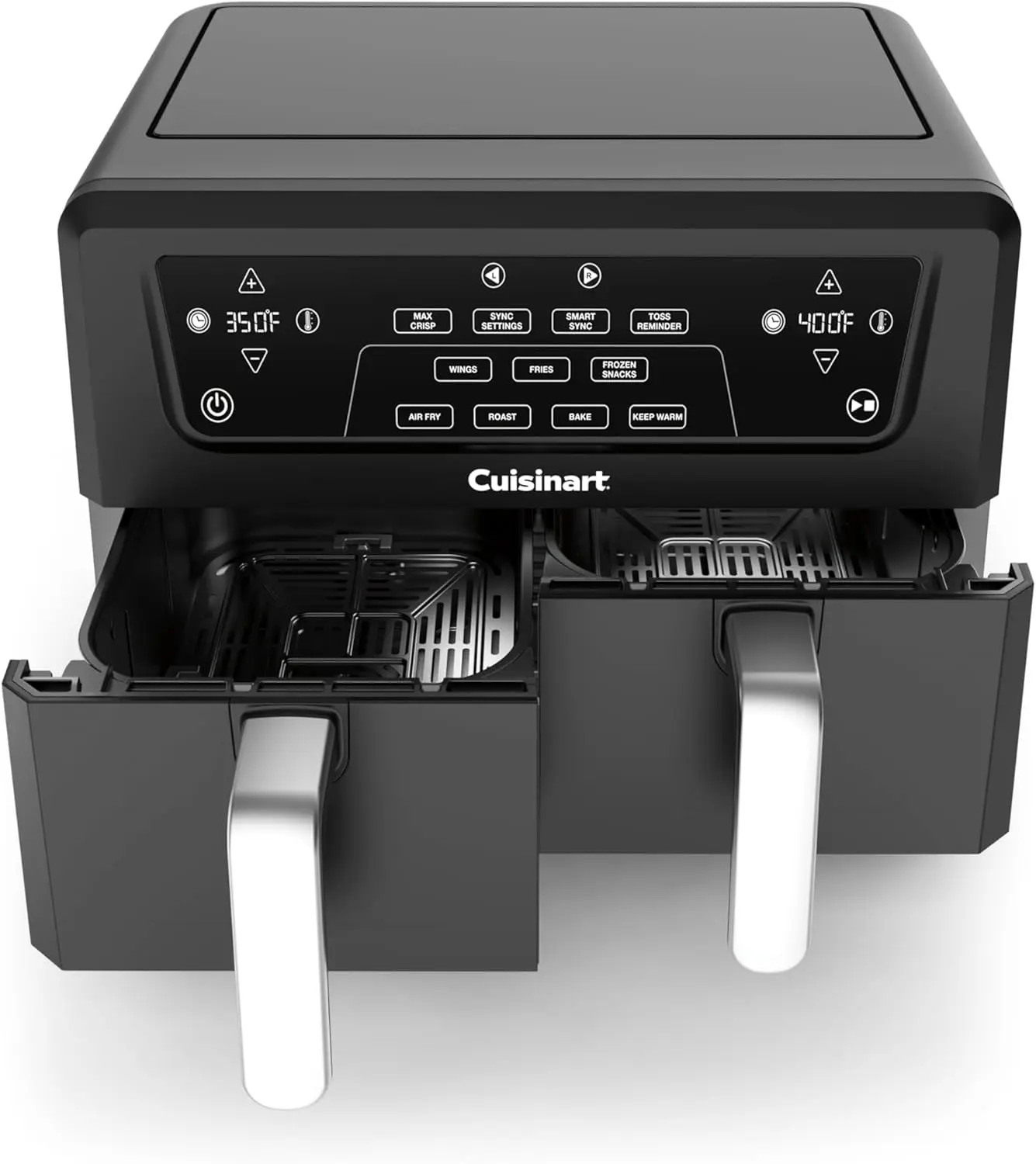 

Аэрофритюрница с двумя корзинами, общая вместимость 11 кварт, 4 функции: жарка, запекание, приготовление на пару и поддержание тепла, с функцией синхронизации