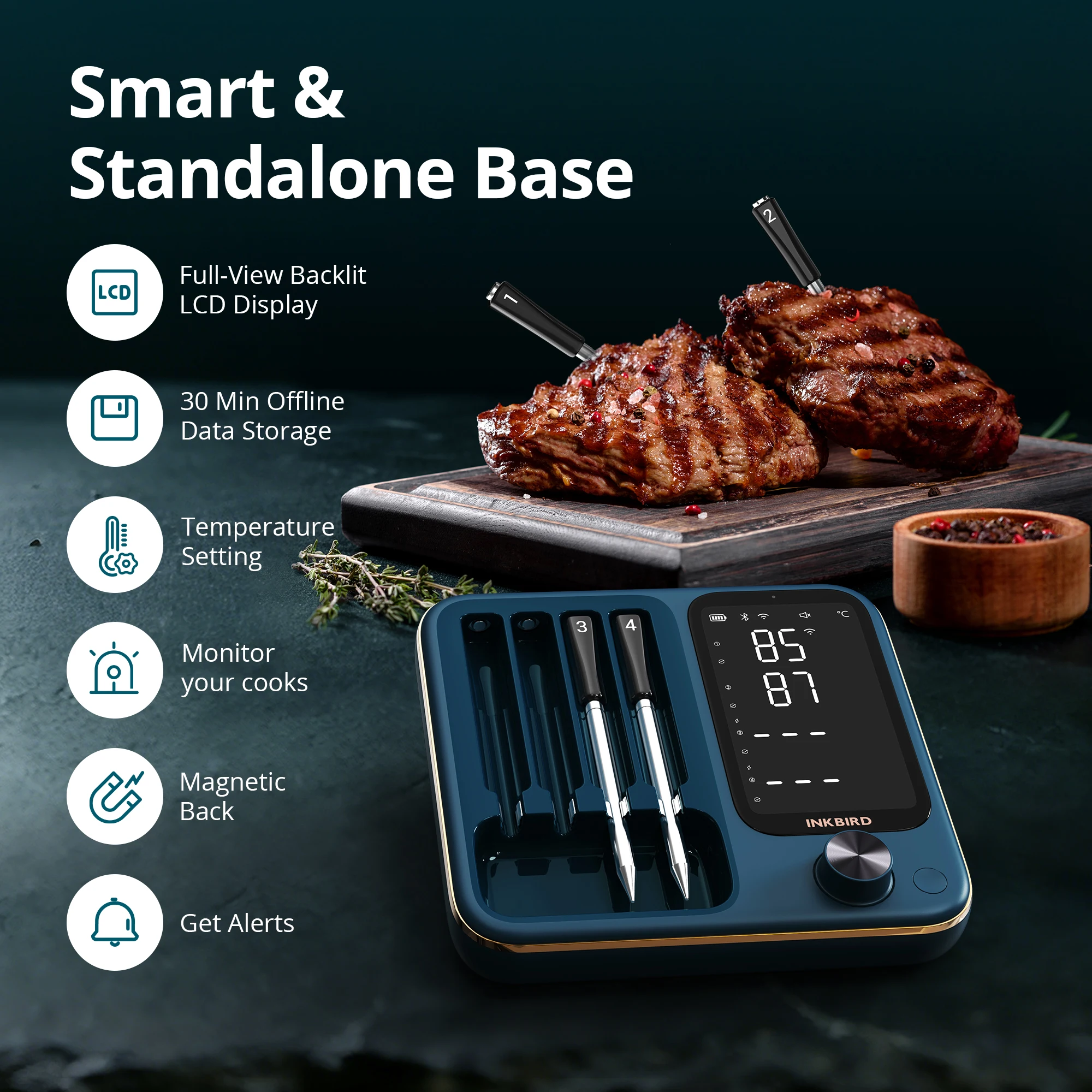 INKBIRD WiFi Bluetooth Meat Thermometer with 4 Multi-sensor Probes Full View LCD with Backlight for BBQ,Grill,Oven,Cooking