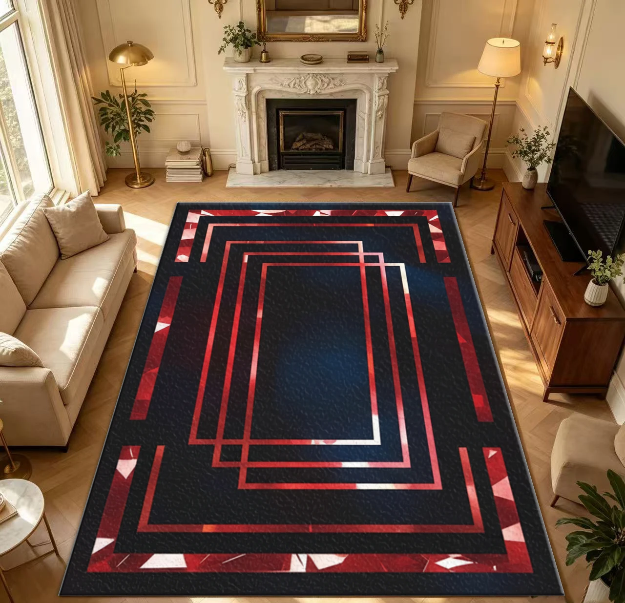 Luxurious Red and Black Geometric Pattern Framed Carpet Modern Crystal Border Carpet Non-Slip Washable Living Room Bedroom Floor Mat