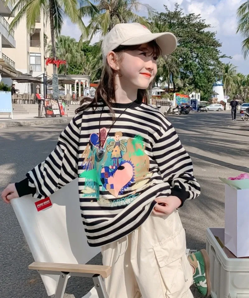 

Girls' 2025 New Arrival Stylish Autumn Long Sleeve Striped Crewneck Sweatshirt for Kids
