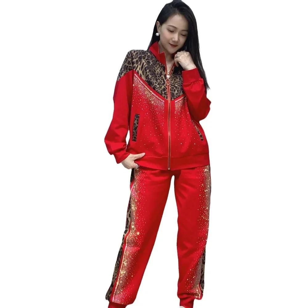 Casual Sports Suit Female Fashion Leopard Print Splicing Long-sleeved Stand-Up Collar Zip Jacket and Pants Two-piece Sets Women