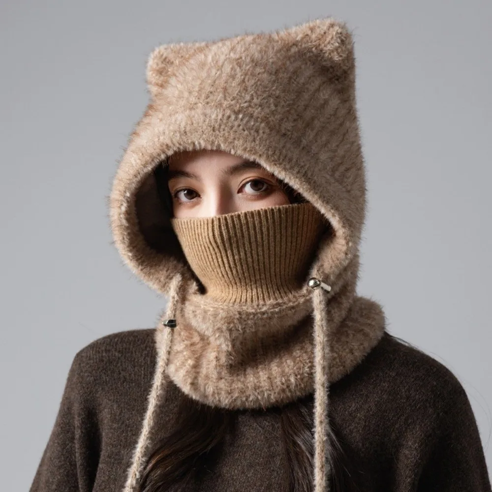 Mütze im japanischen Stil, winddicht, mit Katzenohren, verdickter, elastischer Kapuzenschal, gehäkelte integrierte Maske, Halswärmer, zum Skifahren – Detail 5