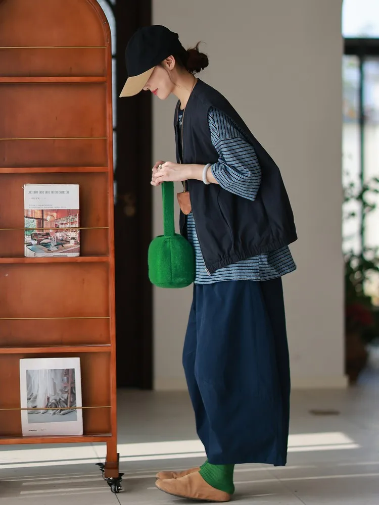 

Женский свободный жилет из чистого хлопка в повседневном художественном стиле, весна 2026, новинка, на молнии, для работы и повседневной носки