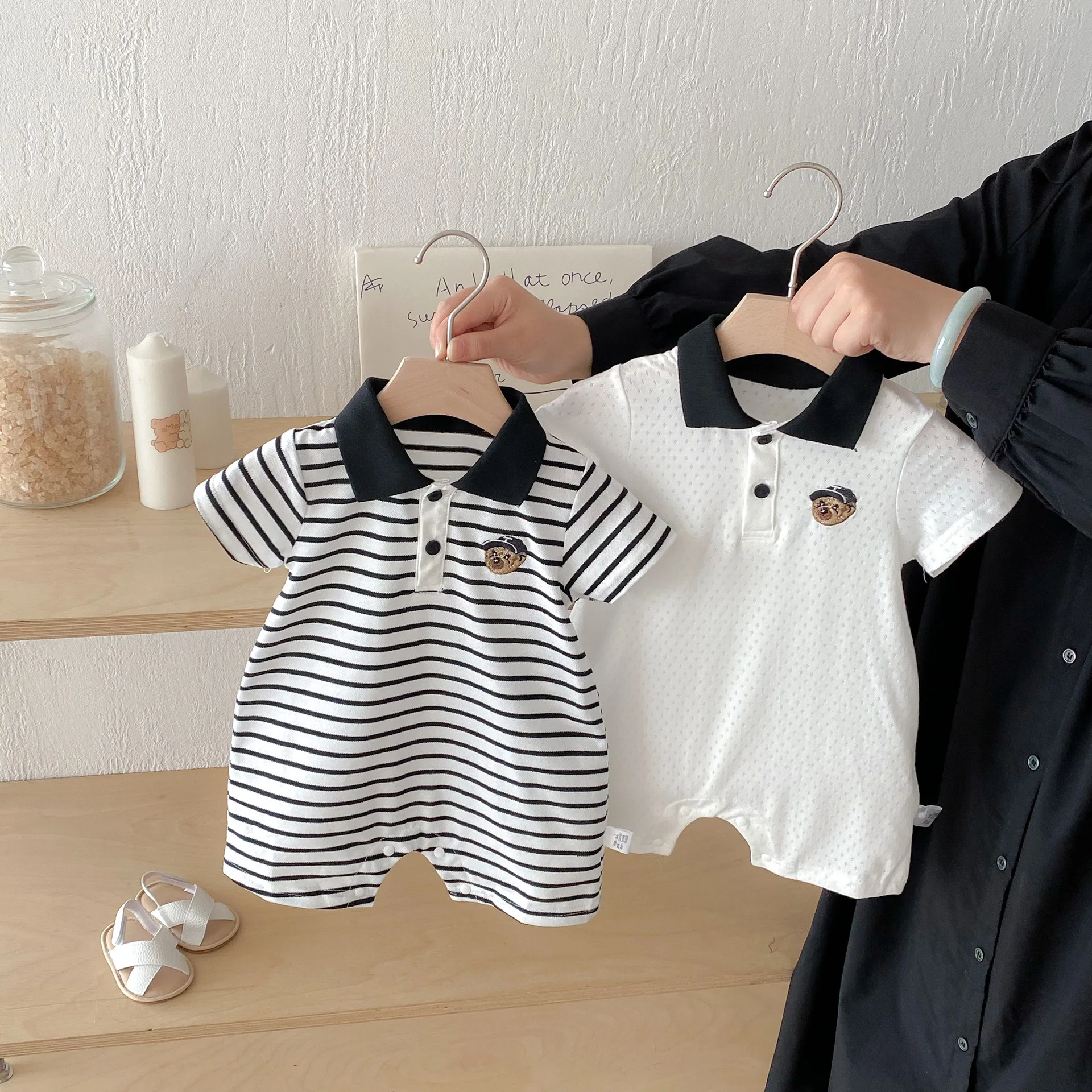 ZOETOPKID Baby Clothes Short-sleeved One-piece Romper Thin Summer Boys Girls Bear Striped Polo Lapel Bodysuit