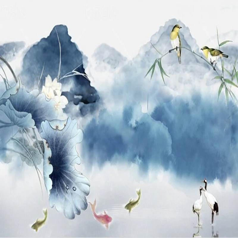 ورق حائط لخلفية غرفة النوم المنزلية الفاخرة لغسل الحبر على الطراز الصيني الحديث والبسيط