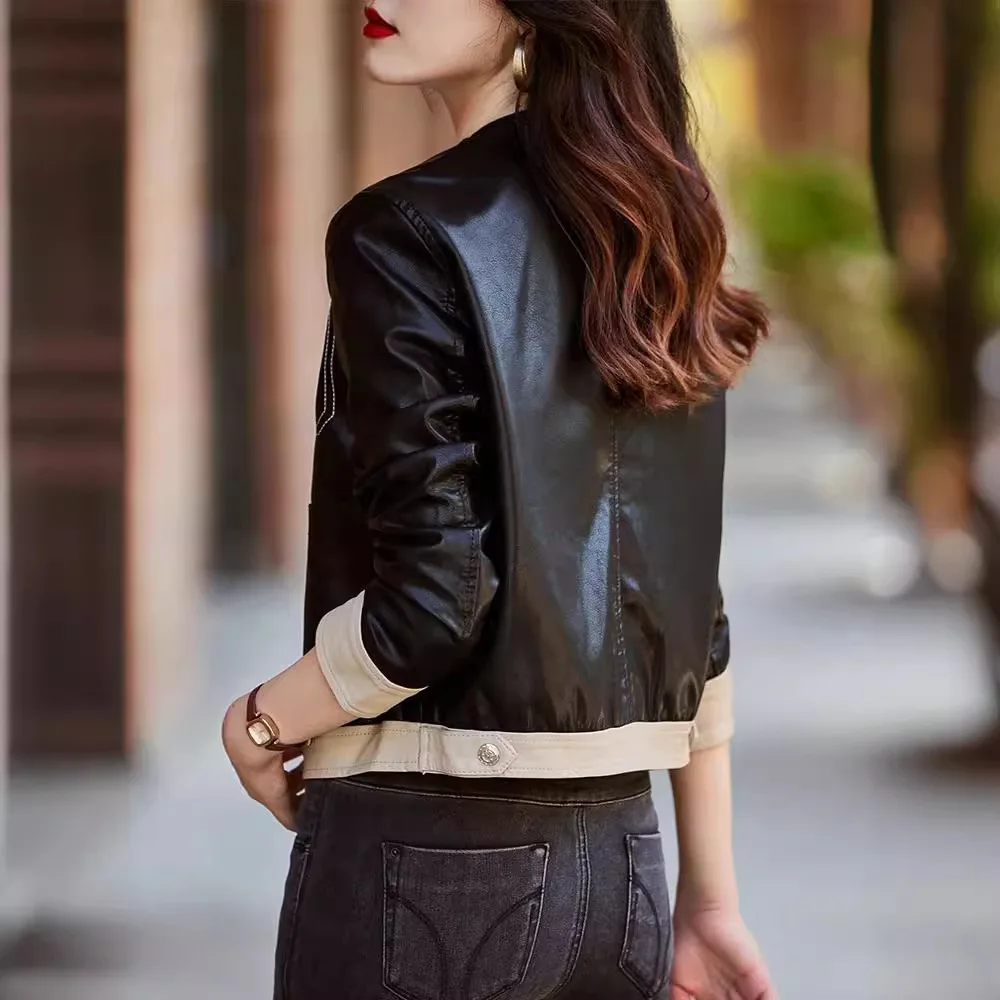 Manteaux en Faux cuir pour femmes, veste courte épissée, col rond, manches longues, simple boutonnage, ample, élégant, décontracté, automne hiver 2025