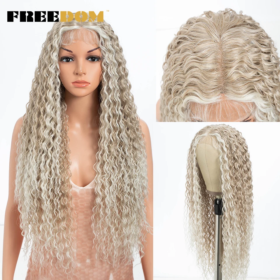 

FREEDOM Synthetic Lace Front Wig Long Curly Wig 30 Inch Ombre White Blonde Lace Wigs For Women Synthetic Cosplay Wig